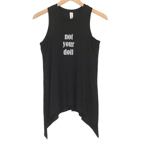 Poetry + Cotton Black Tank Top Size M Not Your Doll Graphic Asymmetric Hem NWT - Picture 1 of 7